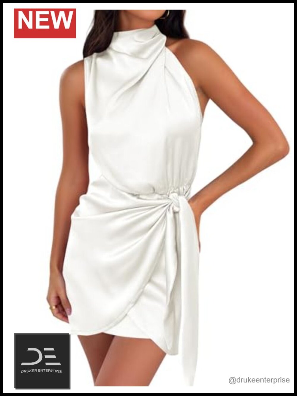 Satin Sleeveless Halter Tie Waist Wrap Bodycon Mini Dress